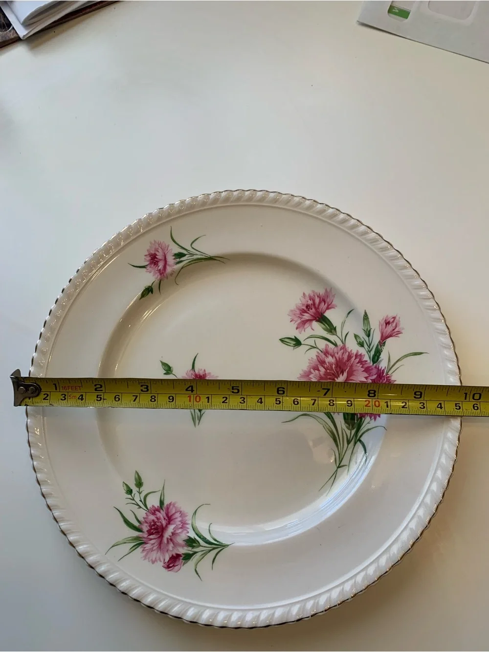 Johnson Bros Classic Floral Pink Carnation Dinner Plate with Rope-Edge Trim